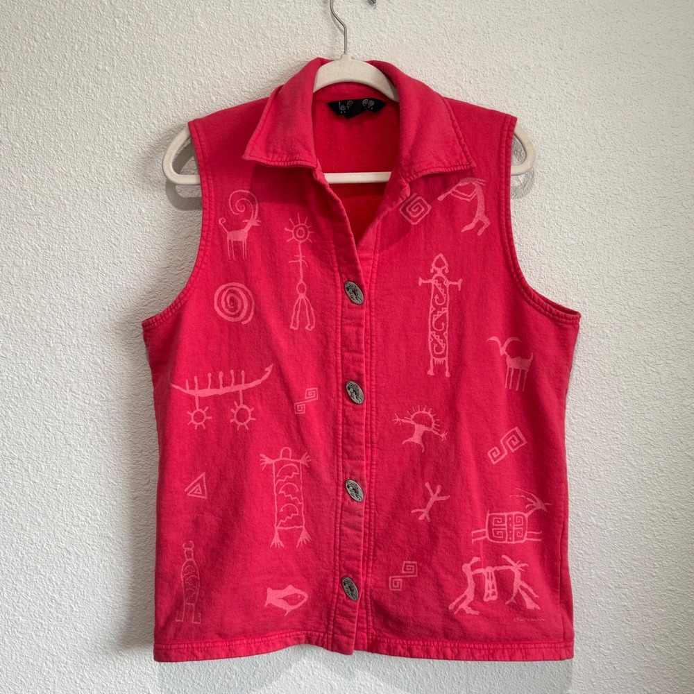 VTG Bfofo Designs Canada Vest Size M Red Cotton Button-Up Aztec Southwest Print